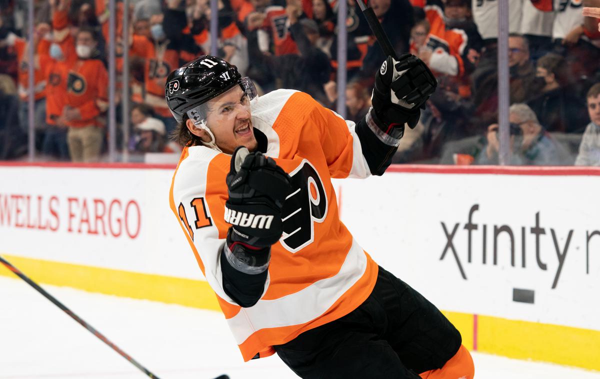 Travis Konecny Philadelphia | Travis Konecny je v 13. minuti popeljal Philadelphio v vodstvo proti Seattlu z 2:0. Letalci so na koncu zmagali s prepričljivih 6:1. | Foto Reuters