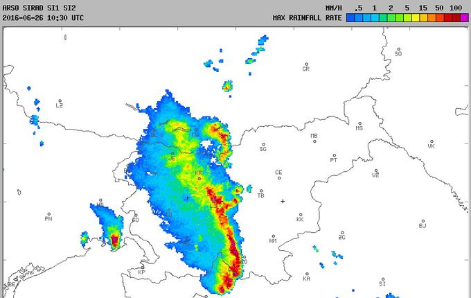 radarska slika padavin 26.6.2016 | Foto: Printscreen Zimbio