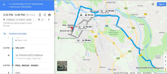 Primer izračuna poti z mariborskim javnim prometom | Foto: Google Zemljevidi
