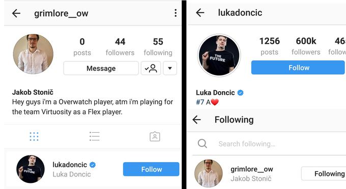 Jakobu Stoniču na družbenem omrežju Instagram sledi le nekaj deset drugih uporabnikov, eden od njih pa je tudi uradni profil Luke Dončića (izdaja ga modra značka s kljukico). Da res sledi Jakobu, je mogoče ugotoviti tudi, če preverimo uradni profil Luke Dončića. Temu sicer sledi več kot 600.000 uporabnikov. |  Foto: Posnetek zaslona | Foto: 