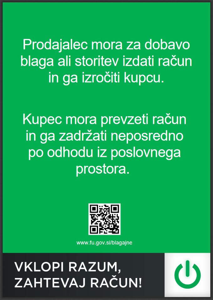 Vsak, ki za svoje izdelke ali storitve izdaja račune za gotovino, mora imeti na vidnem mestu nalepljeno to nalepko. | Foto: FURS