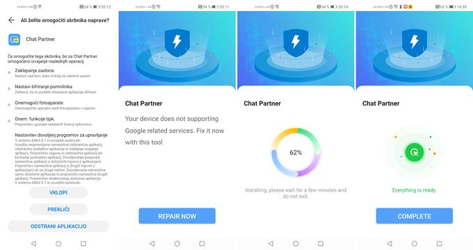Če vas ne odvrnejo dovoljenja, ki jih zahteva, in rahlo problematična angleščina v programu, bo Chat Partner čez minuto ali dve dodal Googlovo programsko tržnico Play Store na nove Huaweieve telefone, ki je izvirno nimajo. | Foto: Srdjan Cvjetović