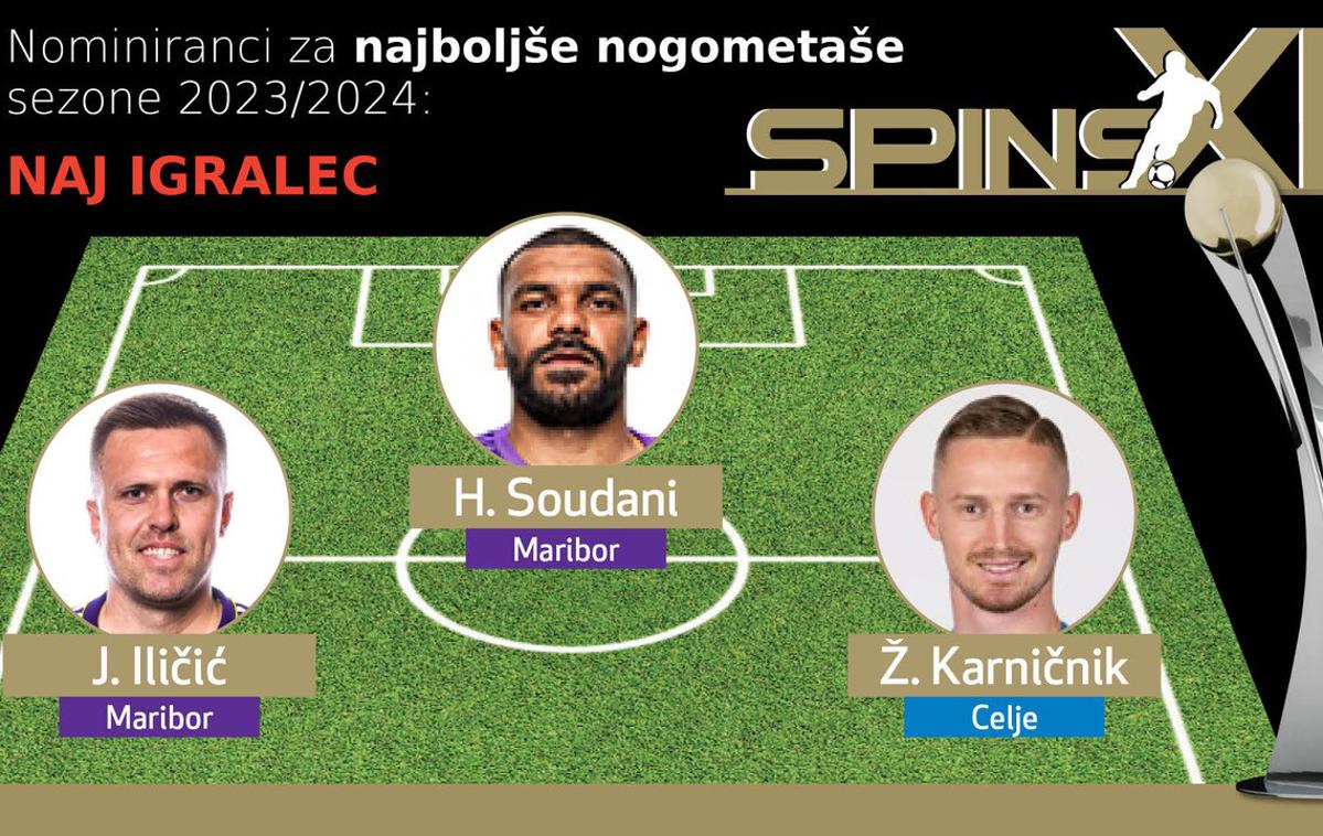 SPINS Naj igralec | Nagrado za najboljšega igralca v sezoni 2023/24 bo osvojil nekdo iz trojice finalistov. To so Josip Iličić, Hilal Soudani in Žan Karničnik. | Foto SPINS