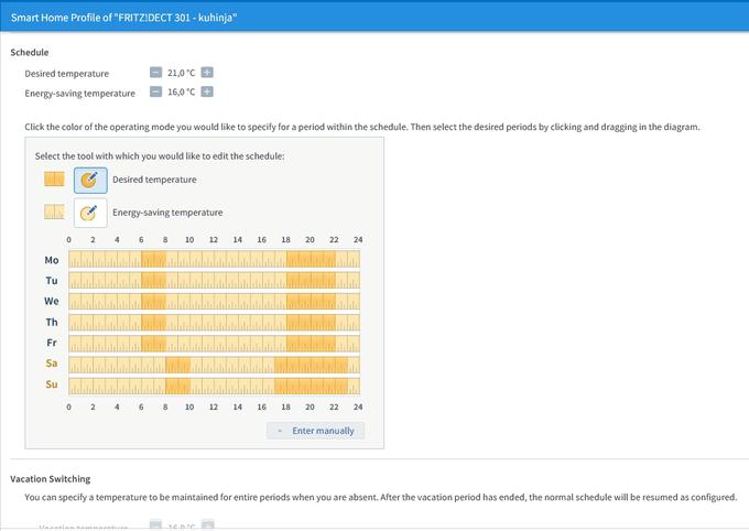 Bistvo urnika na pametnem termostatu FRITZ!DECT 301 je, da kateremukoli 15-minutnemu obdobju vsakega dneva v tednu lahko določimo bodisi temperaturo udobja bodisi temperaturo varčevanja. | Foto: Srdjan Cvjetović