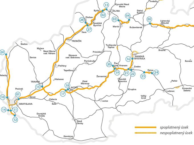 Črtkano so označene slovaške avtoceste, za katere avtomobili ne potrebujejo vinjete: to so predvsem vse avtoceste na območju glavnega mesta Bratislava. | Foto: Národná diaľničná spoločnosť