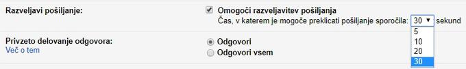 V Gmailu si je sicer mogoče nastaviti čas trajanja obdobja, v katerem še lahko razveljavimo poslano sporočilo. Najdaljši je že omenjenih 30 sekund, mogoče ga je skrajšati tudi na 20, 10 ali samo 5 sekund. Možnost razveljavitve poslanega sporočila lahko z odstranitvijo kljukice sicer tudi izklopimo. | Foto: Matic Tomšič