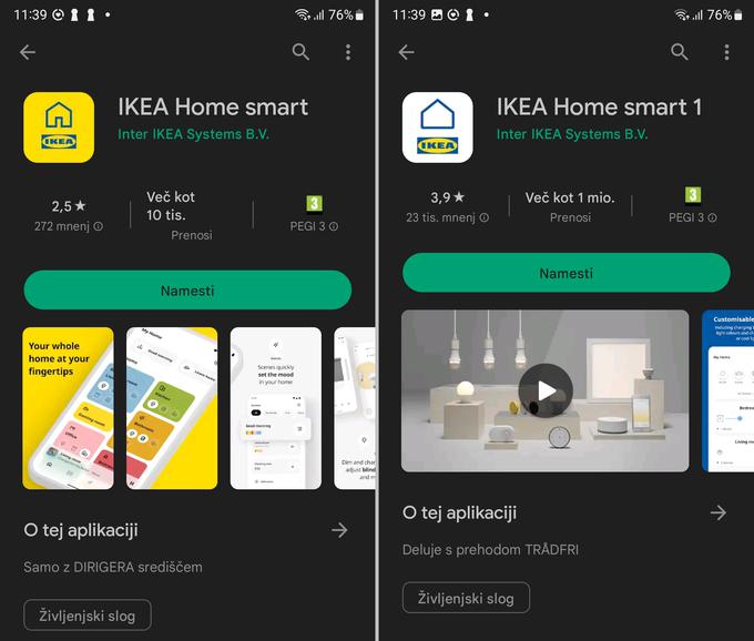 Nova aplikacija Ikea Home smart z rumeno ikono deluje z vozliščem Dirigera, uporabnikom poslavljajočega se vmesnika Trådfri pa je namenjena starejša aplikacija z belo ikono in enko v priponi imena.
 | Foto: Srdjan Cvjetović