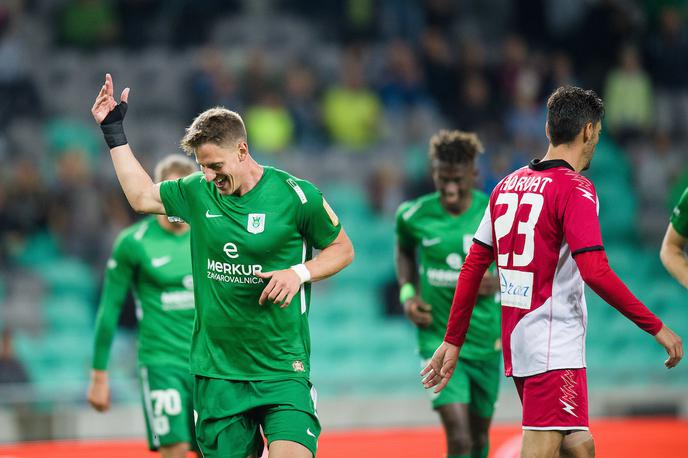 Andres Vombergar | Veselje Andresa Vombergarja po golu v mreži Aluminija. | Foto Morgan Kristan / Sportida