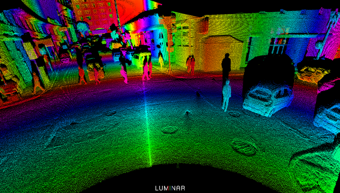 Tako svet vidi lidar. Tridimenzionalen svet je izrisan do centimetra natančno in vidi do oddaljenosti od 60 do 70 metrov. | Foto: Luminar