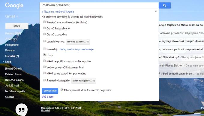 Na koncu izberite še, kaj naj se zgodi s sporočili, ki ustrezajo kriterijem filtrov. Mi imamo najraje kar takojšnji izbris.  | Foto: Matic Tomšič