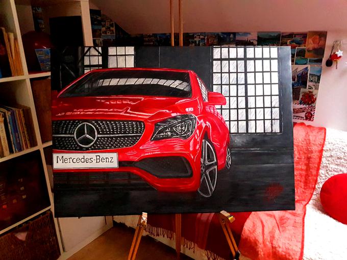 Ta mercedes-benz CLA je bil njena prva slika z uporabo olja. Ker se je šele učila mešati barve, jo je ustvarjala kar dve leti. | Foto: osebni arhiv/Lana Kokl