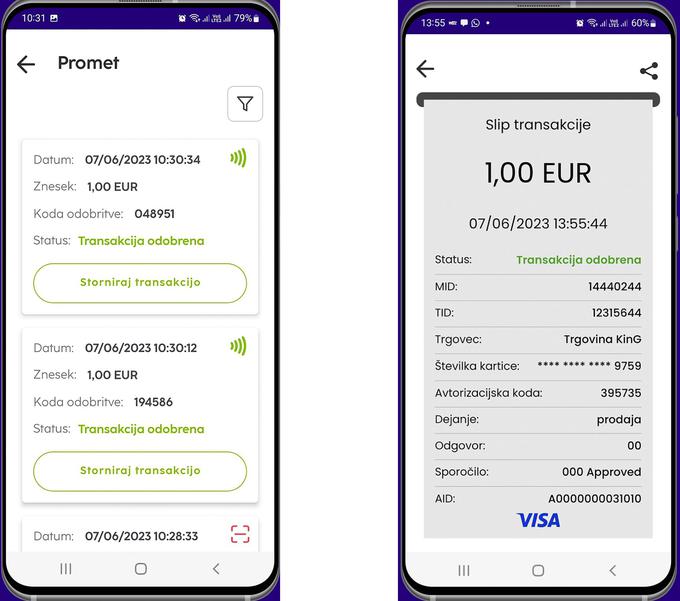 Levo: prodajno mesto ima seznam vseh opravljenih transakcij, a brez osebnih podatkov imetnika kartice. Desno: namesto papirnatega potrdila o transakciji uporabnik lahko prejme digitalno potrdilo na svoj e-naslov ali prek neke od komunikacijskih aplikacij.


 | Foto: NLB / S. C.