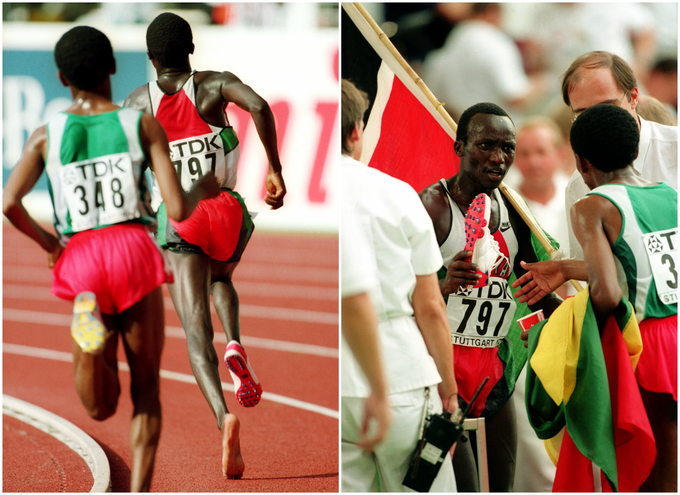 Moses Tanui je bil jezen na Etiopijca, saj je menil, da mu je nalašč stopil na peto. | Foto: Getty Images