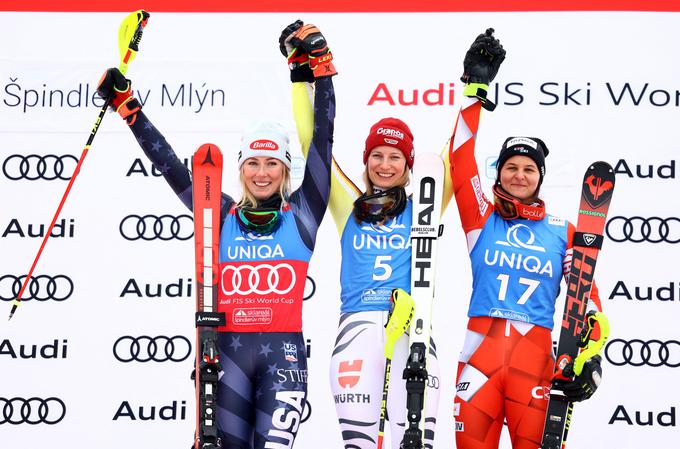 Lena Dürr je na koncu za šest stotink ugnala Američanko Mikaelo Shiffrin, tretje mesto je osvojila Hrvatica Zrinka Ljutić. | Foto: Reuters