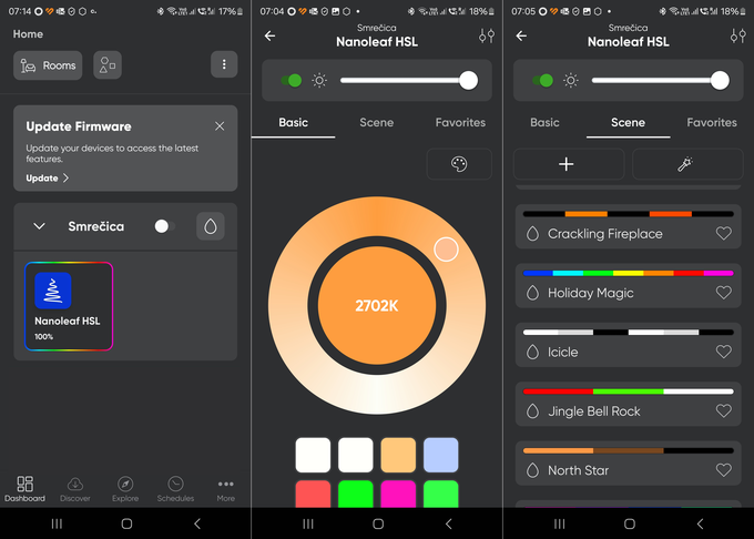 Levo: Popoln nadzor in vzdrževanje, tudi nadgradnjo programske opreme, omogoča povezava z mobilno aplikacijo Nanoleaf./Sredina: Izbira odtenka bele svetlobe./Desno: Nekateri izmed vnaprej pripravljenih scenarijev, ki omogočajo hiter zagon različnih osvetlitev. | Foto: Srdjan Cvjetović