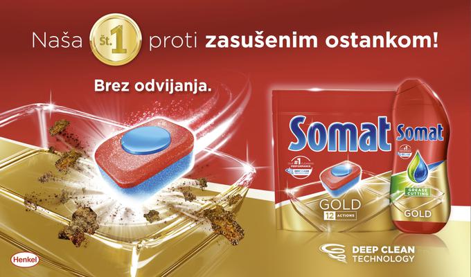 Somat že več kot 50 let pooseblja blagovno znamko z inovativnimi izdelki za vaš pomivalni stroj. Odkar so v Nemčiji leta 1962 uvedli prvi samodejni detergent za strojno pomivanje posode, so svoje izdelke nenehno razvijali in postavljali nove standarde.  Somat Gold je najboljši proti zažgani umazaniji (*testirano leta 2016, v skladu s standardom IKW). | Foto: 