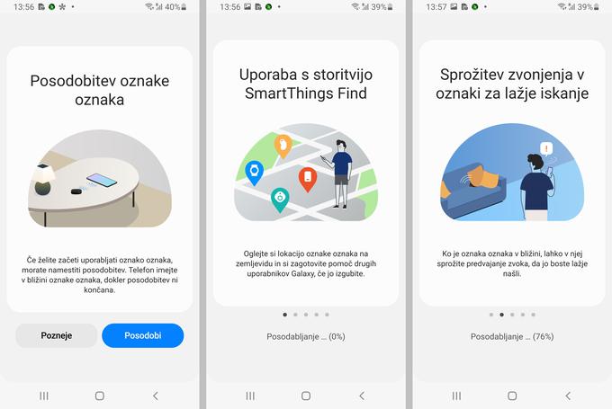 Ob prvem zagonu je Samsungov pametni obesek SnartTag+ zahteval posodobitev programske opreme, aplikacija SmartThings pa je poskrbela, da se je medtem na zaslonu pametnega telefona vrtela predstavitev glavnih funkcij obeska (prikazani so le nekateri zasloni).    | Foto: Srdjan Cvjetović