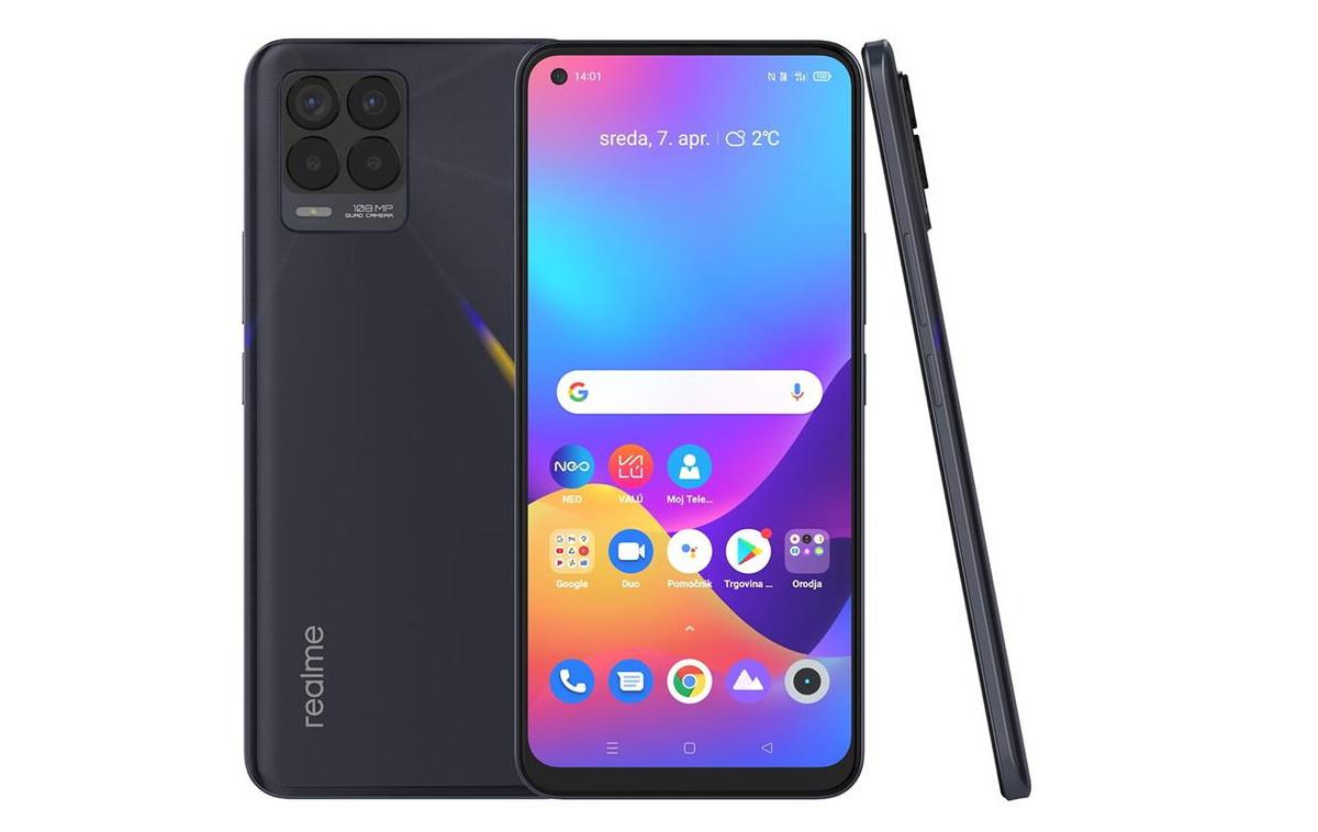 Realme 8 Pro | Realme 8 Pro v prodaji brez vezave pri operaterju stane dobrih 300 evrov, pri nekaterih slovenskih trgovcih ga je mogoče dobiti tudi za enkratno plačilo 299 evrov. Na voljo je v dveh različicah glede na količino delovnega pomnilnika (šest ali osem gigabajtov).  | Foto Telekom Slovenije