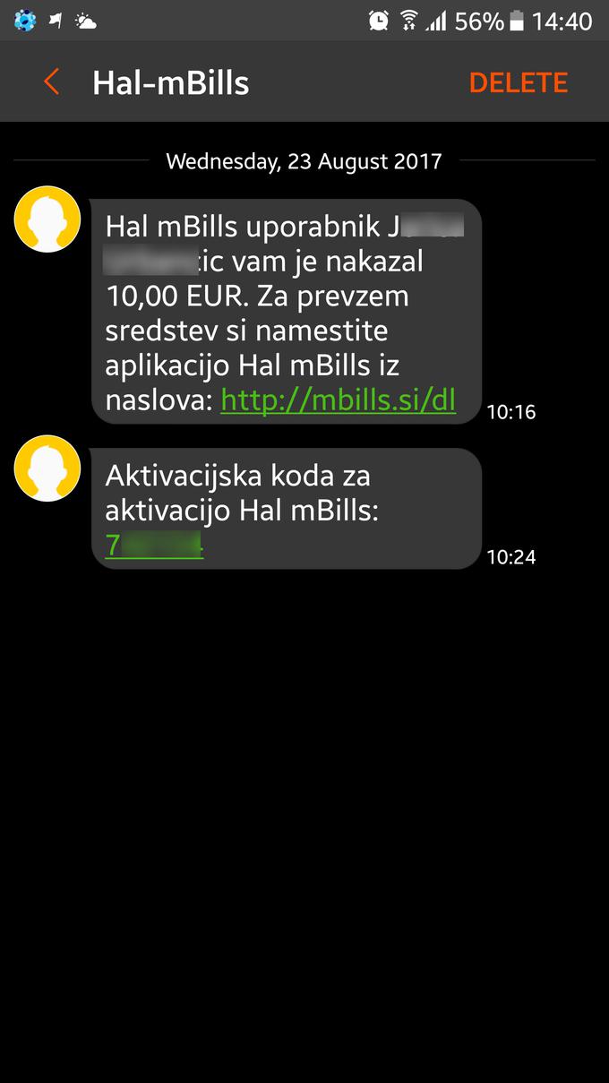 Če uporabnik prejme nakazilo prek sistema Hal mBills, a še nima nameščene aplikacije, bo o tem obveščen z SMS-sporočilom. Namestitev aplikacije preveri telefonsko številko uporabnika. | Foto: Srdjan Cvjetović