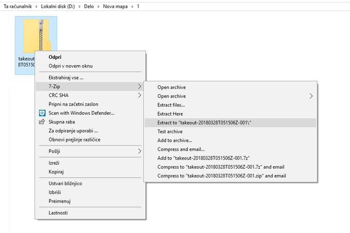 Najlažji način za ogled podatkov v arhivu je, da arhiv "razpakirate" s pomočjo namenskega programa, kot je 7-zip. Namestite ga lahko s klikom tukaj, postopek, kako to naredite, ko boste program namestili, pa je prikazan na tej sliki.  | Foto: Matic Tomšič