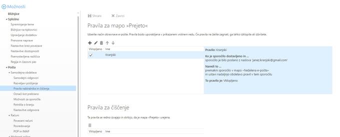 Filter oziroma pravilo ustvarimo v razdelku nastavitev Pošta/Samodejna obdelava/Pravila nabiralnika in čiščenja. Za nov filter kliknemo na plus. | Foto: Matic Tomšič