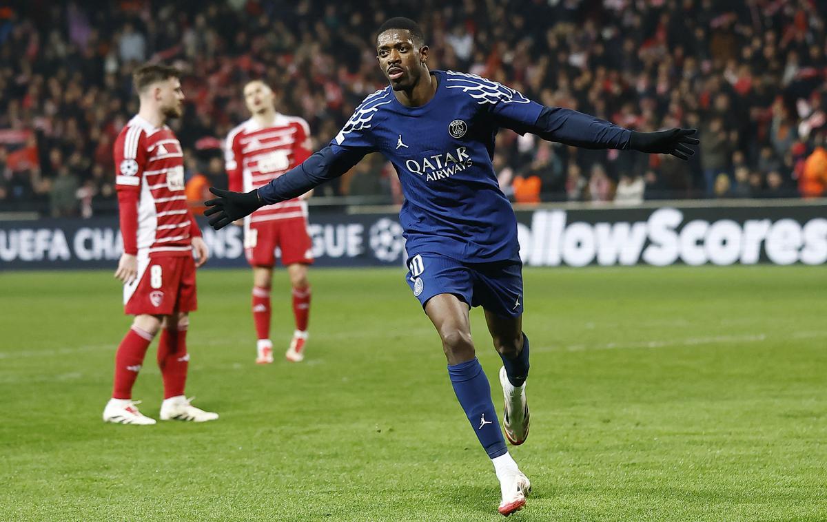 PSG Brest  Ousmane Dembele |  Ousmane Dembele je ob koncu prvega polčasa povišal prednost PSG-ja na 2:0. | Foto Reuters