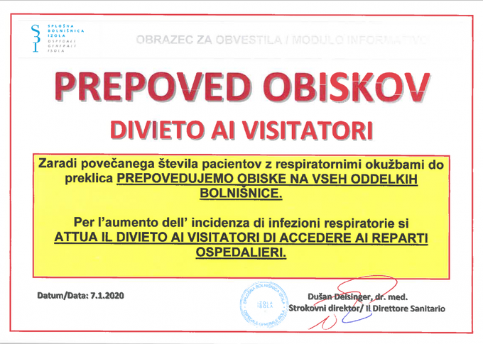 Prepoved obiskov, bolnišnica Izola | Foto: 