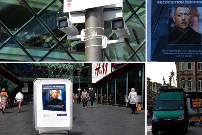 Samo znak "Tukaj poteka nadzor s prepoznavanjem obrazov", kot so ga ob lanskem začetku preizkušanja tehnologije postavili v Veliki Britaniji (na fotografiji spodaj levo), v Evropski uniji v prihodnje ne bo več dovolj. | Foto: Matic Tomšič / Posnetek zaslona