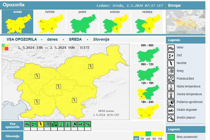 Arsova (rumena) opozorila za noč na četrtek in prihajajoče dni. | Foto: Arso