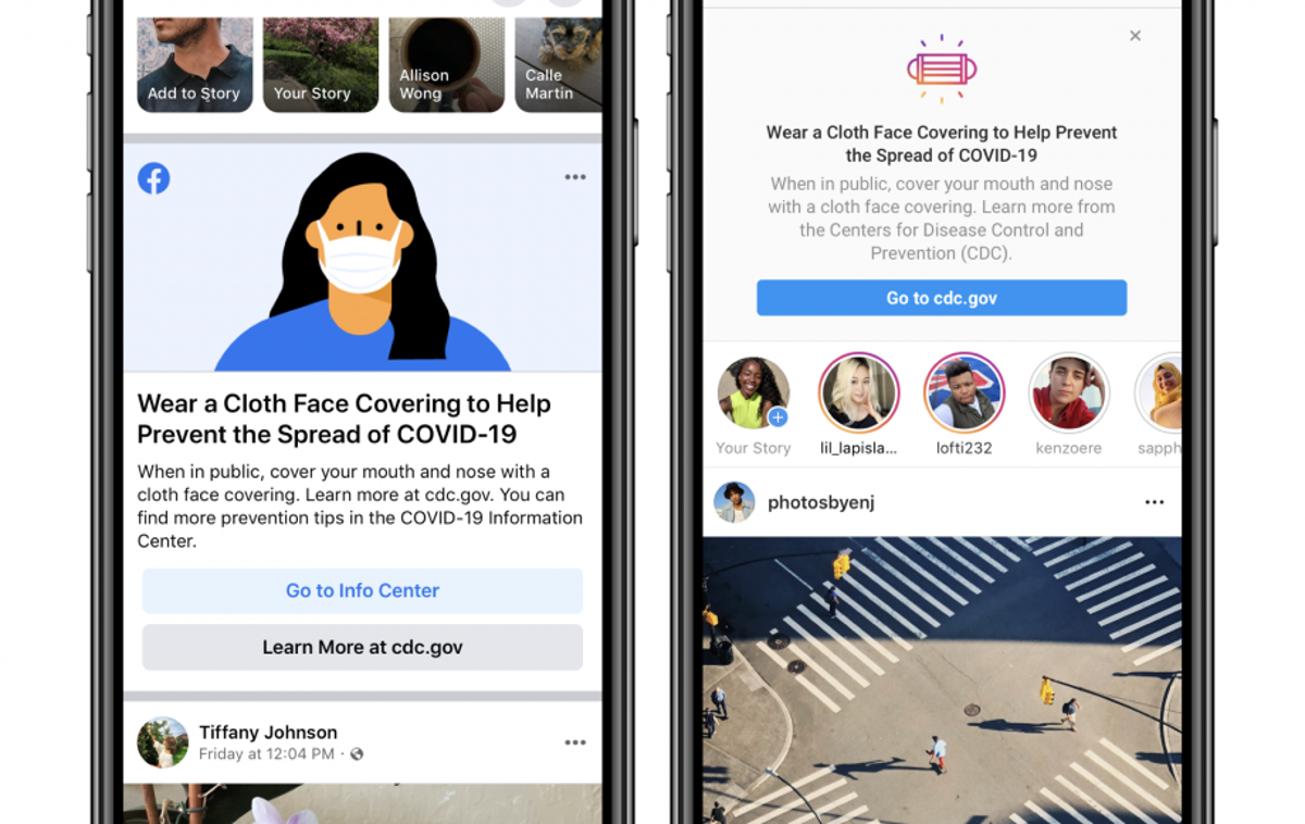 Facebook, maske, opozorilo | Uporabniki družbenih omrežij Facebook in Instagram v ZDA že prejemajo opozorila o nošenju mask na javnih prostorih. | Foto Facebook