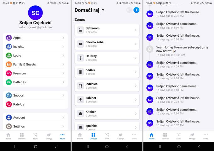Levo: Nastavitve aplikacije Homey.
Sredina: Strnjeni prikaz povezanih naprav (v razširjenem prikazu je vsaka povezana naprava prikazana kot ploščica, a to včasih pripelje do neoptimalnega izkoristka zaslonskega prostora.
Desno: Homey lahko zazna, kdaj je uporabnik oziroma njegov pametni telefon prišel domov ali zapustil dom, kar odpira prostor za številne scenarije avtomatizacije naprav pametnega doma. Pravilnost ugotavljanja prihoda domov ali odhoda od doma je zelo odvisna od nastavitev varčevanja z akumulatorjem v povezani mobilni napravi in tega, kako agresivna je programska oprema te naprave pri varčevanju z energijo (uspavanje manj dejavnih aplikacij ipd.). | Foto: Srdjan Cvjetović