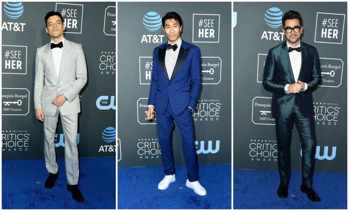 Rami Malek, Chris Pang in Dan Levy so namesto klasičnega črnega smokinga izbrali takšnega v svetlo sivi, modri in smaragdni barvi. | Foto: Getty Images