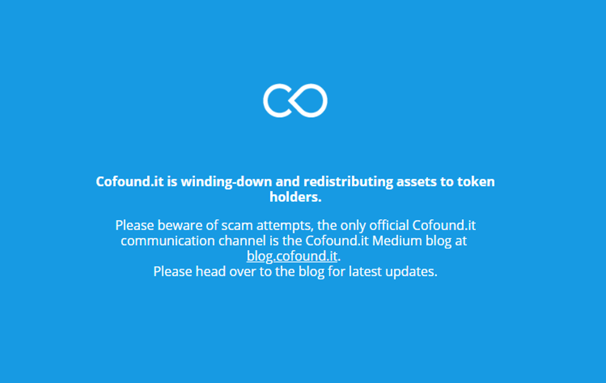 Cofound.it | Obiskovalce spletne strani Cofound.it zdaj pričaka samo sporočilo, da se startup postopoma ugaša, nato pa jih napoti na uradni blog podjetja in opozori na prevare v zvezi z vračanjem sredstev imetnikom kriptožetona CFI. | Foto Matic Tomšič / Posnetek zaslona