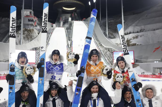 Peter Prevc Cene Prevc Timi zajc Lovro Kos ekipna Peking | Slovenski skakalci so ekipni olimpijski podprvaki. | Foto Anže Malovrh/STA