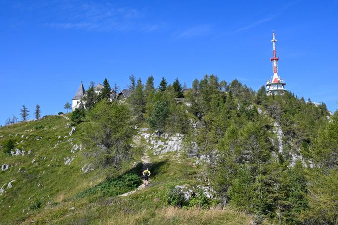 Ko pridemo iz strnjenega gozda, se nam odpre pogled proti vrhu s cerkvijo in oddajnikom. | Foto: Matej Podgoršek