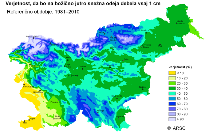 Karta prikazuje verjetnosti v odstotkih, da bo tla na božično jutro prekrival vsaj centimeter snega. | Foto: Arso