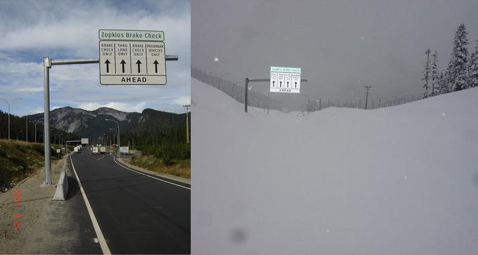 Avtocesta Coquihalla ima dva obraza - poletni in zimski. Če je poleti vožnja prijetna, se pozimi lahko spremeni v pekel. Ministrstvo za promet vsem potnikom v primeru vožnje v zimskem času priporoča, naj imajo s seboj odeje, nekaj hrane in vodo, saj se lahko zgodi, da bodo morali noč preživeti v avtomobilu. | Foto: Ministrstvo za promet in infrastrukturo British Columbia