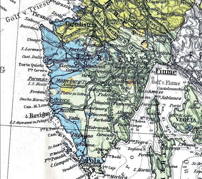 Pri štetja prebivalstva so v Avstriji od leta 1880 naprej vpeljali poizvedbo o tako imenovanem sporazumevalnem jeziku (nem. umgangssprache), ki naj bi kazal tudi na narodno pripadnost. Takšen način štetja prebivalstva je v Istri okrepil statistično število Italijanov, saj je bil vsak, ki se je (večinoma) sporazumeval v italijanščini, popisan kot Italijan, čeprav ni nujno, da je bil italijanskega etničnega izvora. Na fotografiji: zemljevid glede na stanje sporazumevalnega jezika v Istri leta 1880. V primerjavi s Czoernigovim štetjem se je število Italijanov povečalo. Na zemljevidu: Slovenci (rumena barva), Italijani (modra barva), Srbohrvati (zelena barva), romunsko govoreči Vlahi (oranžna barva). Rumena barva slovenskega sporazumevalnega jezika sega tudi malce južneje od Dragonje. | Foto: commons.wikimedia.org