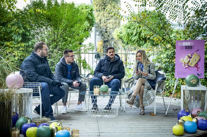 Na Vrtu Lily Novy so vsebino novembrskega kulinaričnega festivala v Ljubljani predstavljali (z desne) Valentina Smej Novak, Martin Jezeršek, Maj Jaklič in voditelj Sašo Stare. | Foto: Ana Kovač