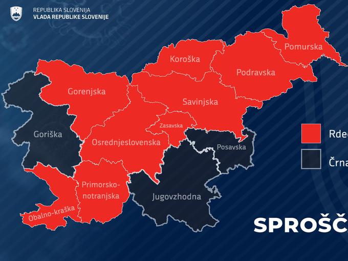 Z rdečo barvo so označene regije, kjer bodo s ponedeljkom sprostili določene ukrepe. | Foto: Twitter - Voranc