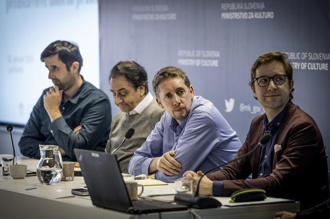 Udeleženci posveta na ministrstvu za kulturo (z leve proti desni): Kreshnik Gashi, Georgios Gounalakis, Liam Boyle in Aske Kammer. | Foto: Ana Kovač