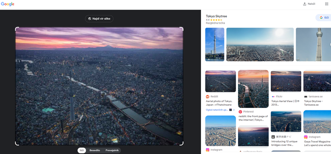Primer iskanja s fotografijo z uporabo orodja Google Lens. Z desno tipko miške smo kliknili na fotografijo mesta na forumu Reddit in izbrali možnost Iskanje slike s tem: Google, iskalnik pa nam je potem pokazal vsa spletna mesta, kjer je bila fotografija uporabljena, in s tem tudi povedal, za katero mesto gre oziroma kaj fotografija prikazuje.  | Foto: posnetek zaslona/Marine Traffic