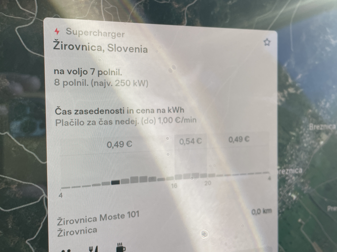 Teslini avtomobili za lastne polnilnice navajajo tudi trenutno ceno, ki se tekom dneva spreminja. | Foto: Gregor Pavšič