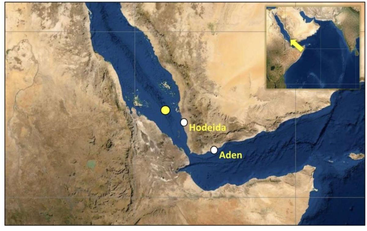 ladja, položaj, Rdeče morje |  Lokacija v Rdečem Morju, kjer je britansko ladjo zadela raketa. | Foto omrežje X