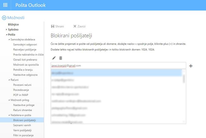 S klikom na zobato kolesce odprite nastavitve (Možnosti oziroma Options) elektronske pošte Outlook.com in poiščite razdelek Pošta/Neželena e-pošta/Blokirani pošiljatelji. V polje vpišite e-poštni naslov, ki ga želite blokirati, in ga na seznam dodajte s klikom na plus. Nato kliknite še gumb shrani. | Foto: Matic Tomšič