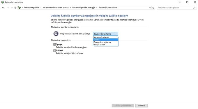 Želite računalnik spraviti v način spanja, a te možnosti v meniju Napajanje oziroma Poraba energije, kjer je tudi gumb za Zaustavitev sistema, ne vidite? Prikažete jo lahko tako, da obkljukate "Spanje" v razdelku Nastavitve zaustavitve (na sliki). | Foto: Matic Tomšič