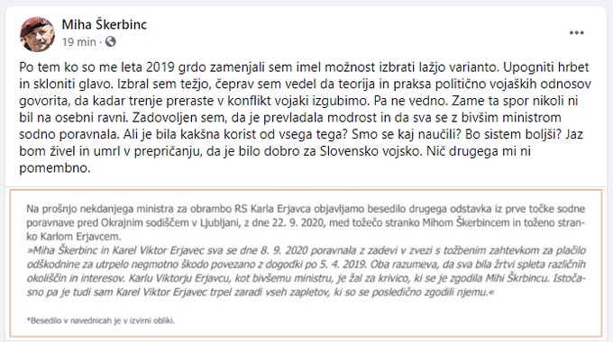 V oktobrski številki revije Slovenska vojska so objavili del besedila sodne poravnave pred Okrajnim sodiščem v Ljubljani med Miho Škerbincem in Karlom Erjavcem. "Oba razumeva, da sva bila žrtvi spleta različnih okoliščin in interesov," je med drugim zapisano v poravnavi. Del besedila je Škerbinc objavil tudi na svojem profilu na Facebooku. | Foto: zajem zaslona/Facebook