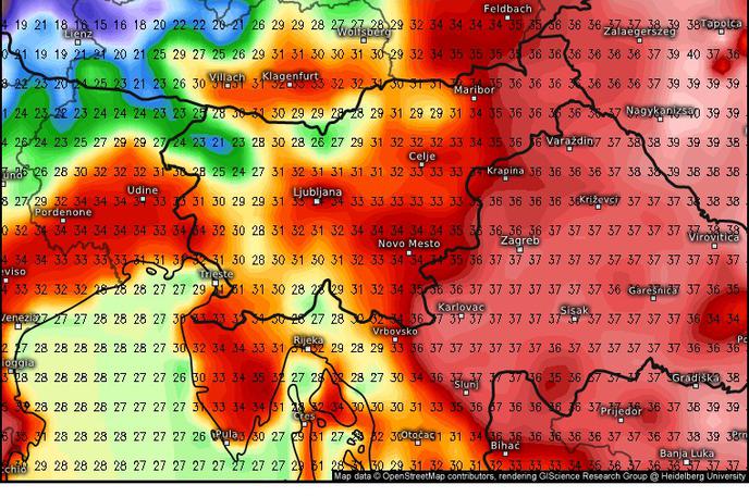 Napoved. Temperatura. | Na grafiki so prikazane predvidene jutrišnje popoldanske temperature. Najtopleje bo v Beli krajini, kjer se bo lahko ogrelo vse do 37 stopinj Celzija. | Foto David Florjančič / Meteoinfo Slovenija