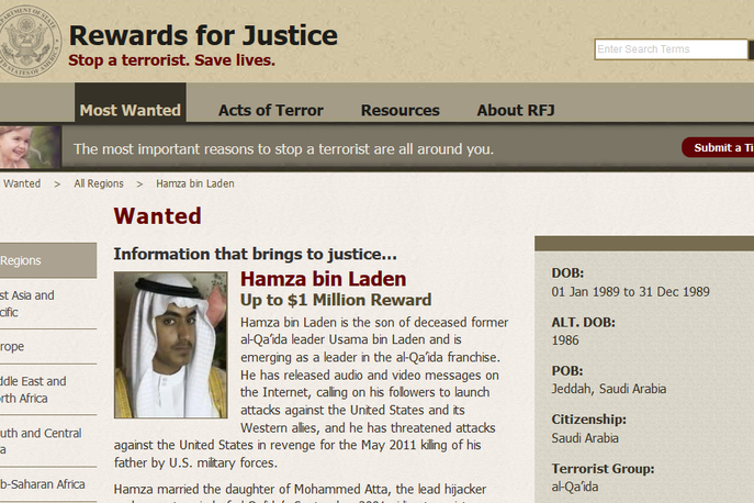 Hamza Bin Laden | Objava ameriških pravosodnih organov, v kateri za informacije o Hamzi bin Ladnu ponujajo milijonsko nagrado. | Foto Rewardsforjustice.net