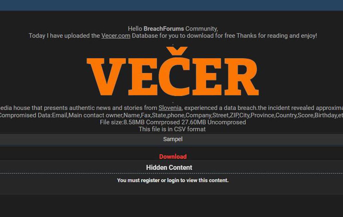 Večer hack hekerji | Baza, ki naj bi jo hekerji ukradli Večeru, je od ponedeljka prosto dostopna na spletu. Ker pa se forum, kjer je objavljena baza, skriva na t. i. globokem spletu (delu spleta, ki ga ne indeksirajo spletni iskalniki), morate za dostop do podatkov poznati neposreden spletni naslov. | Foto Siol.net/Zajem zaslona